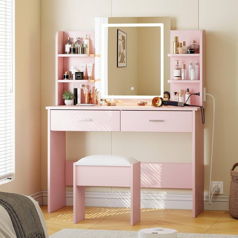Vanity Desk with Lighted Mirror and 6 Storage Shelves - Pink