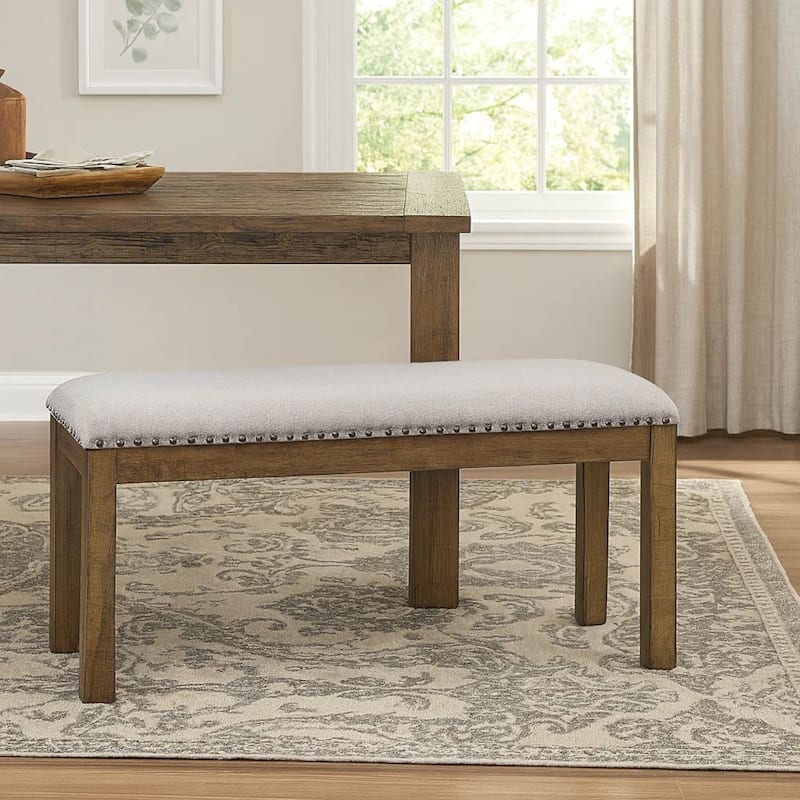 Nailhead Trim Wooden Dining Bench with Fabric Upholstery, Brown and Gray