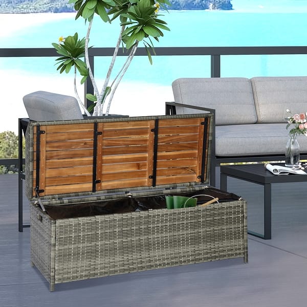Outsunny Outdoor Storage Bench Wicker Deck Boxes with Wooden Seat, Gas