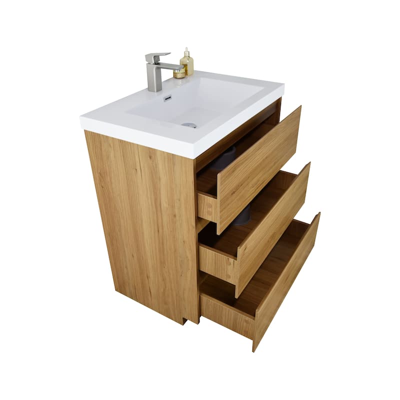 Angeles 30 natural oak finish freestanding bath vanity with single basin reinforced acrylic top