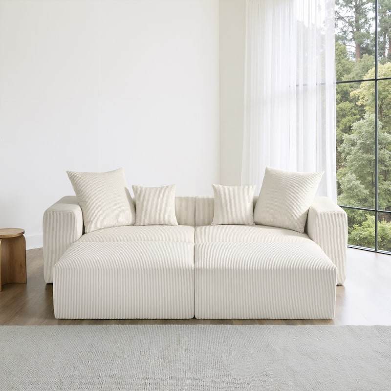 4-Piece Modern Corduroy Modular Sectional Sofa Set with 4 Throw Pillows - Beige - Symmetrical