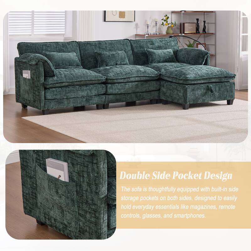 Modern Chenille Chaise Couch L-shaped Sectional Sofa with Storage Ottoman, Phone Holder, USB/Type-C Ports and Side Pockets