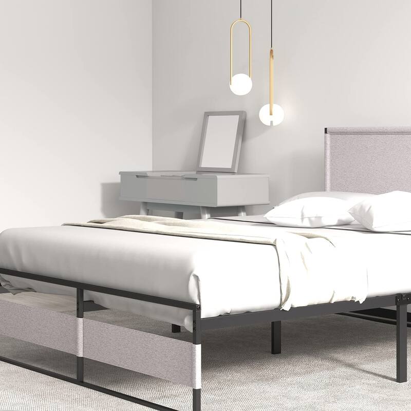 Twin Size Upholstered Platform Bed Frame with Adjustable Headboard, No Box Spring Needed with Sturdy Wooden Slats Support