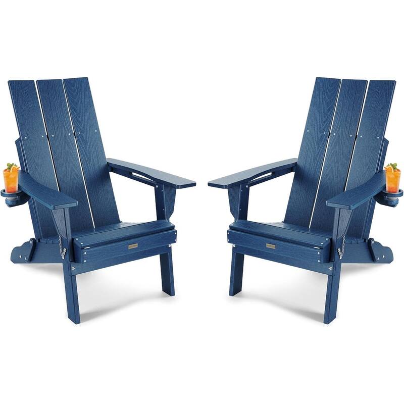WINSOON Modern HDPE Outdoor Folding Adirondack Chair With Cup Holder-Set Of 2