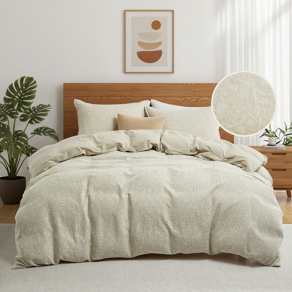 Floral Jacquard Cotton Linen Blend Duvet Cover Set, Bedding Set with Pillowcases