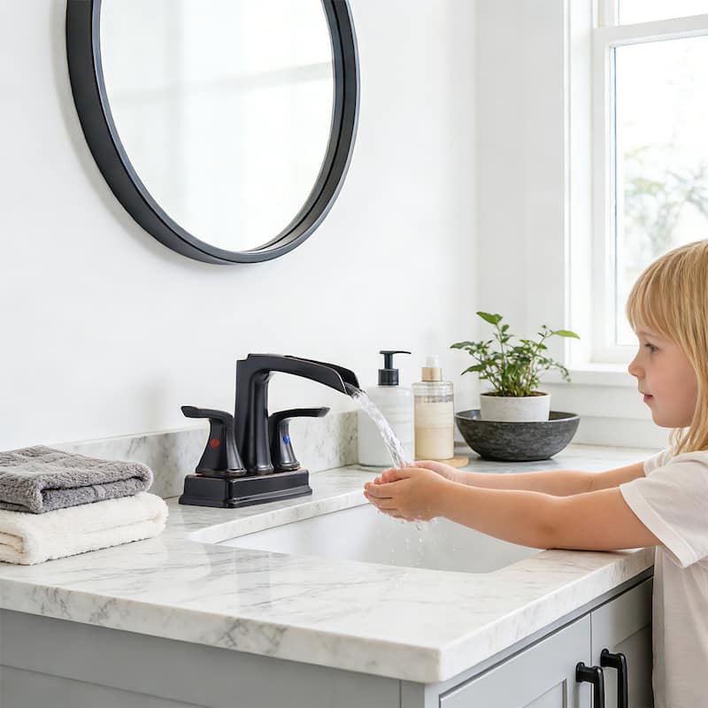 4 in. Centerset Double Handle Waterfall Bathroom Faucet with Pop-up Drain Kit Sink Vanity Basin Taps