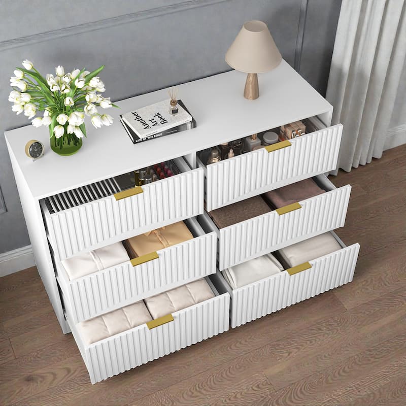 Modern 6 Drawer Dresser with Wavy Drawer Fronts, Large Chest of Drawers Storage Cabinet for Bedroom Living Room