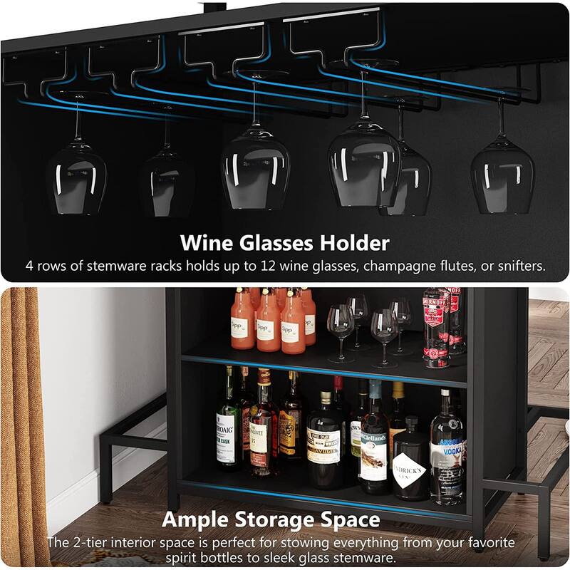 3-Tier Home Bar Unit with Glasses Holder and Wine Storage - 19.7"D x 47.24"W x 43.3"H