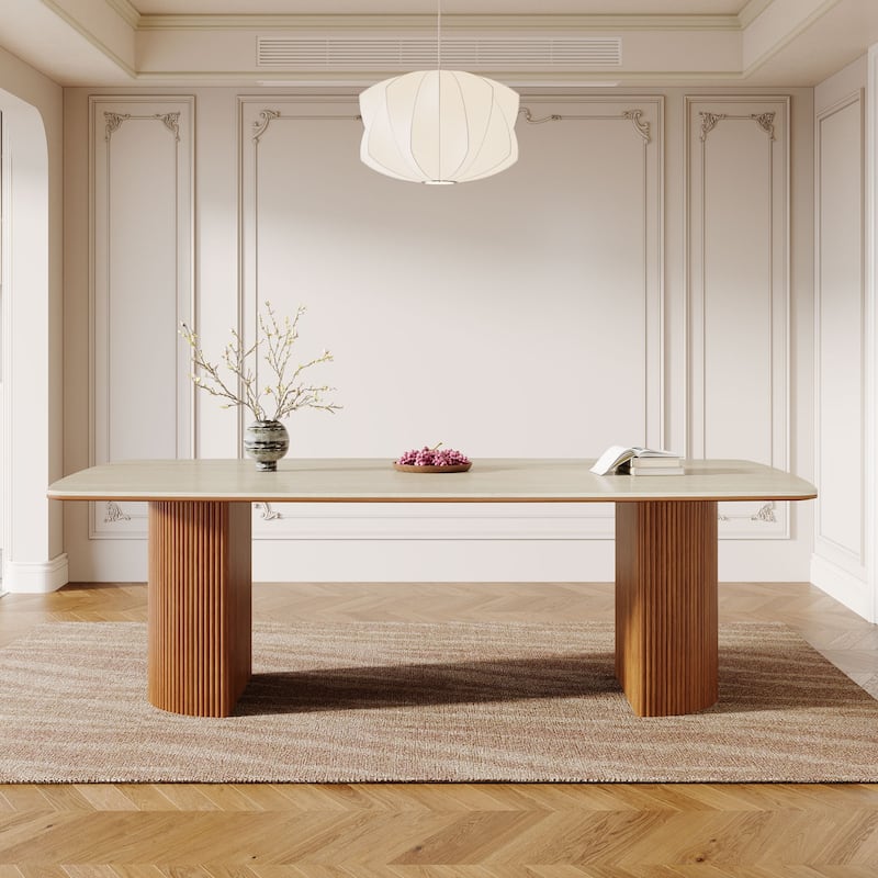 78.8-inch Large Dining Table with Travertine Slab Top for Kitchen Dining Room