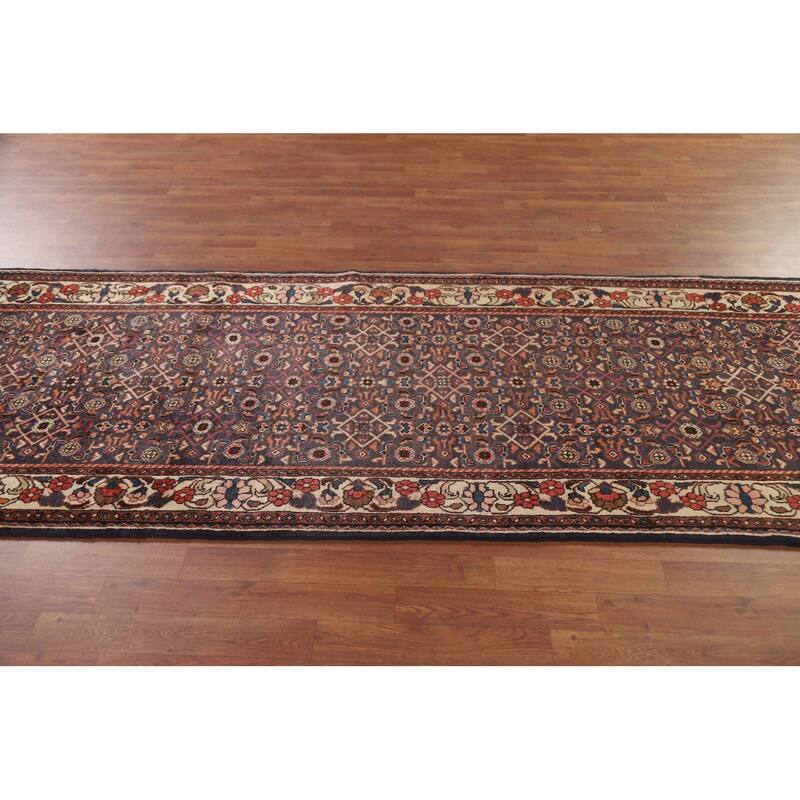 Hand Knotted Oriental 100% Wool Carpet Traditional All-Over Navy Blue & Blues Mahal Runner Rug - 10' 3'' X 3' 7''