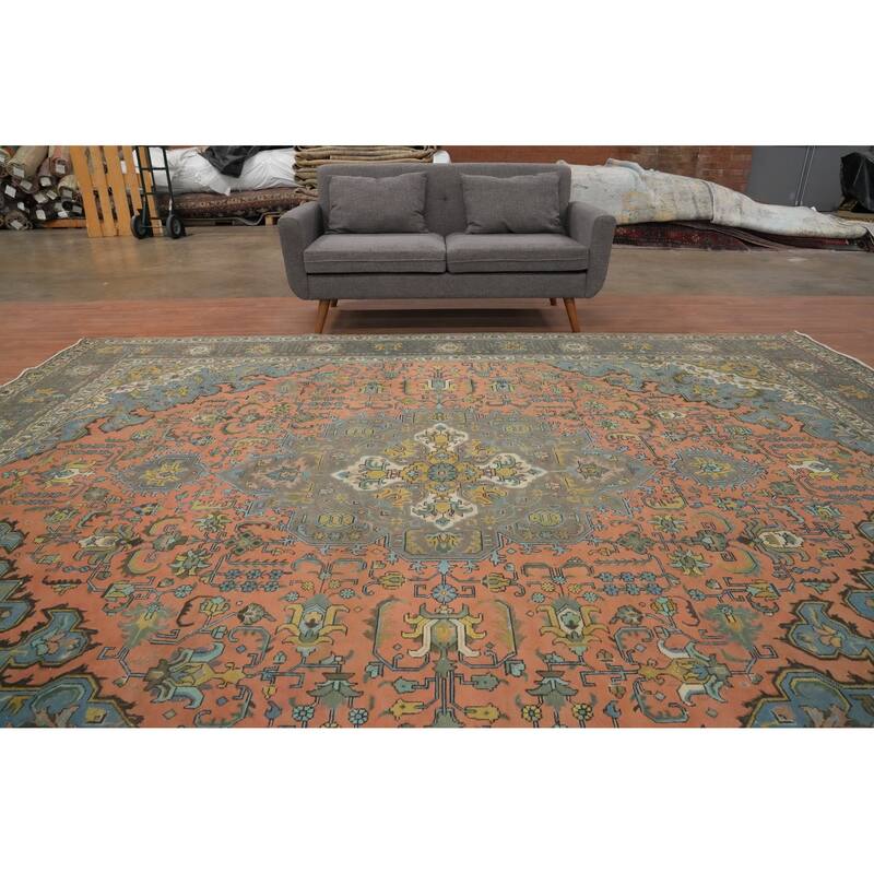 Hand Knotted Oriental 100% Wool Carpet Traditional Floral Coral Tabriz Area Rug - 12' 8'' X 9' 7''
