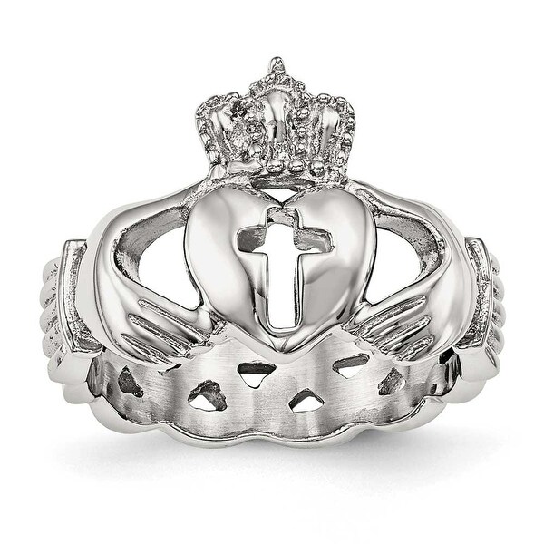 Stainless Steel Polished Claddagh with Cross Ring - Sizes 5 - 13