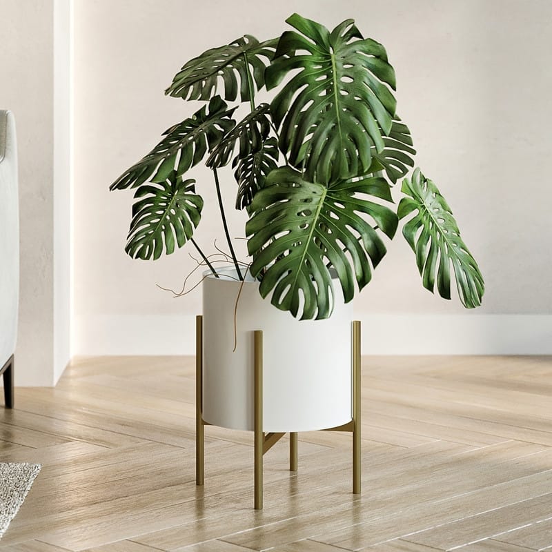 Raya White Mid-Century Modern Planter with 4-Leg Metal Base - 14.75" H  x 11.75" W - Gold