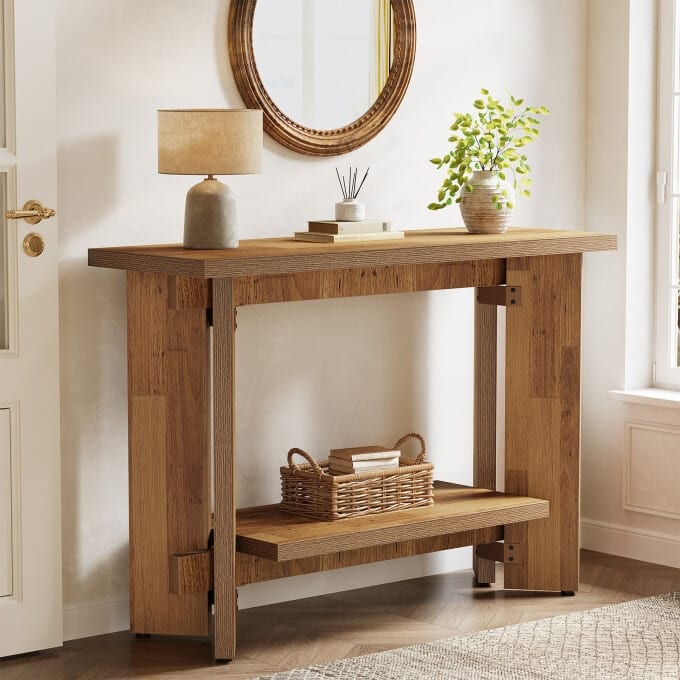 43" Narrow Sofa Console Table, 2-Tier Wooden Small Entryway Table