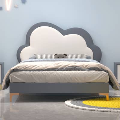 Queen Size Upholstered PU Leather Bed Frame, Kids Platform Bed with Elegant Flowers Headboard