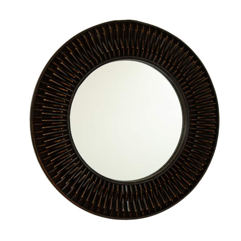 Aura Dark Bamboo Natural Log-Style Circle Wall Mirror - Bathroom, Bedroom, Living Room - Dark Brown,Silver
