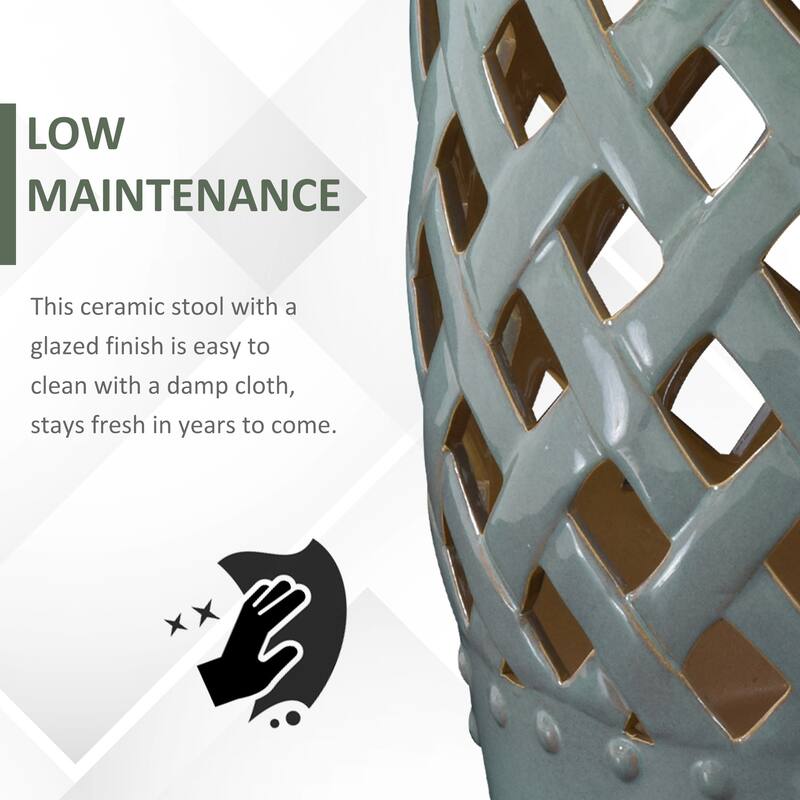 Patio Decorative End Table, Ceramic Garden Table with Woven Lattice Design & Glazed Strong Materials, Green