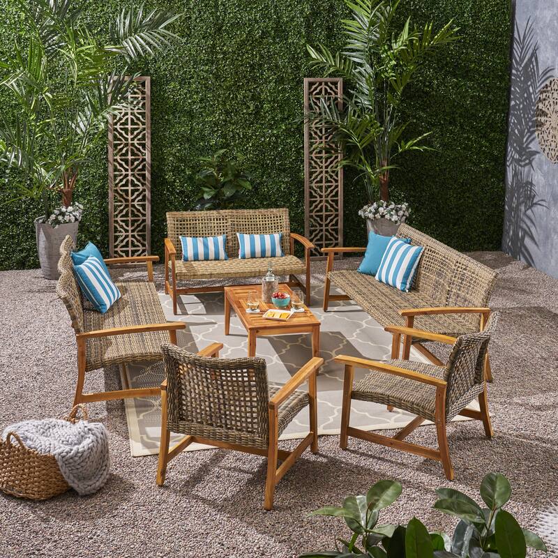 Hampton Outdoor 6 Piece Sofa and Loveseat Chat Set by Christopher Knight Home - Gray + Natural Finish