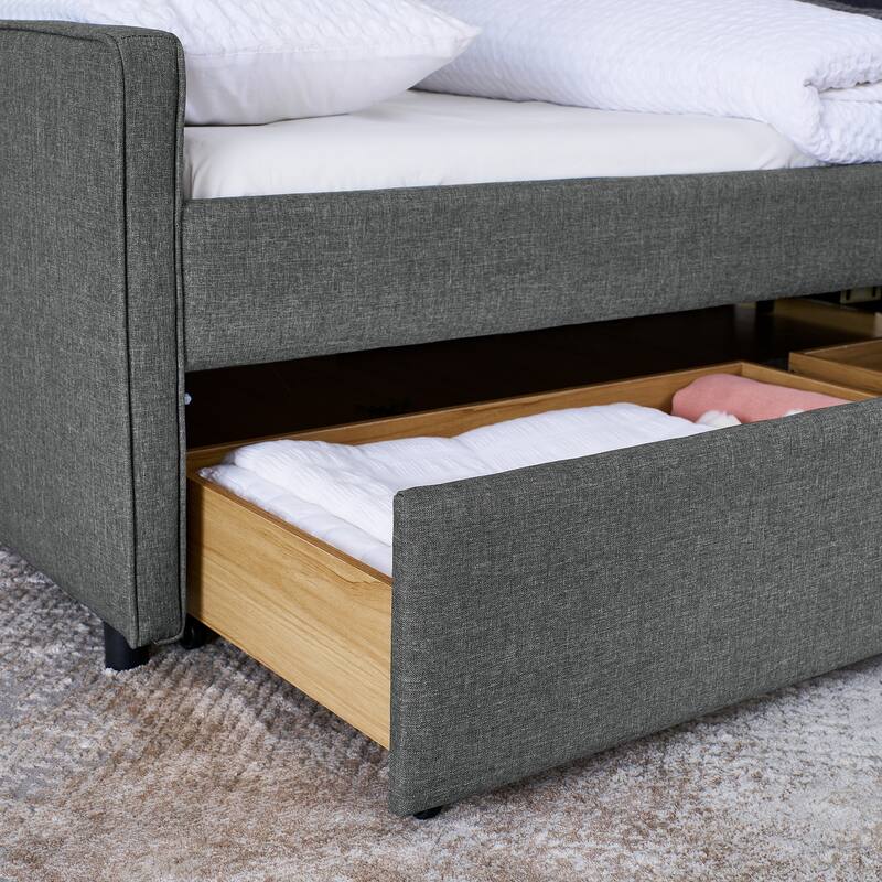 Roomfitters Twin Upholstered Sofa Bed with Adjustable Storage Headboard, Backlit Shelf and Underbed Storage Trundle