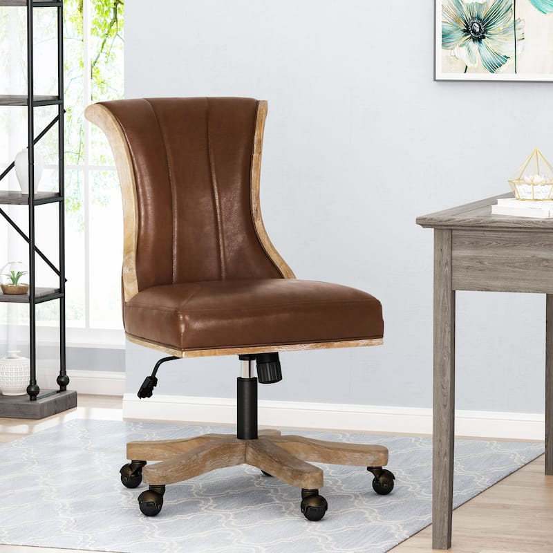 Roomfitters Upholstered Swivel Office Desk Chair with Adjustable Height and Wood Frame