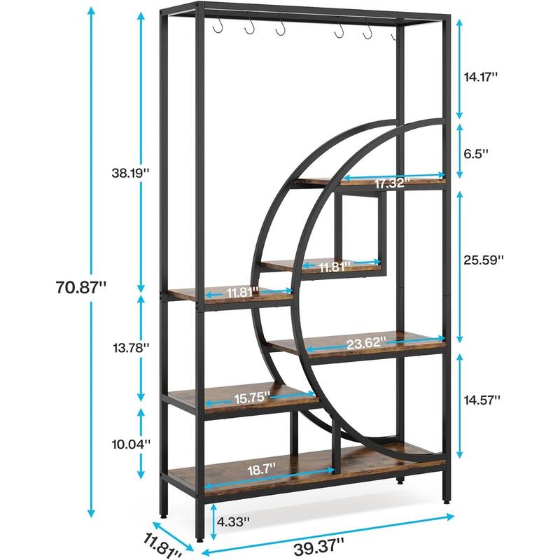 Black-Brown Powder Coated Iron 7-Tier Indoor Plant Stand with Hooks - 39.37” x 11.81” x 70.87”