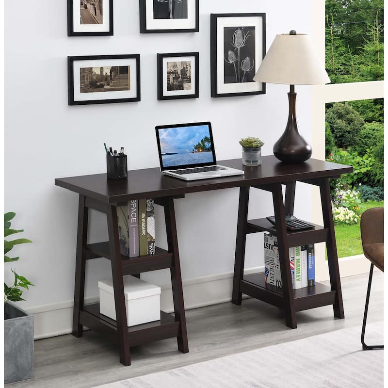 Convenience Concepts Designs2Go Double Trestle Desk with Shelves - Espresso