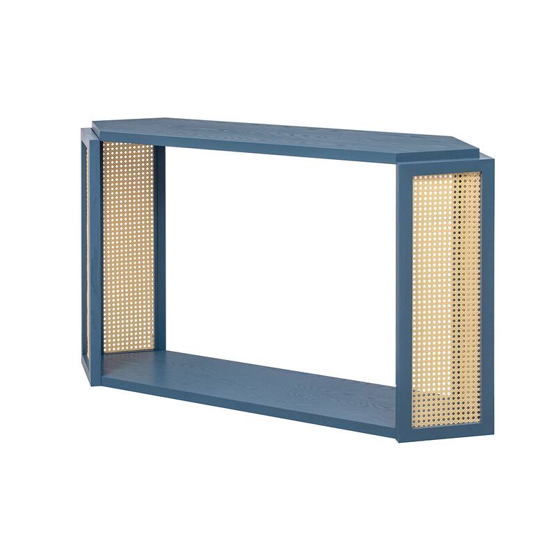 Rattan Console Table, Behind Couch Sofa Table with Unique Irregular Top & Open Storage Shelf Entryway Table Hallway Tables