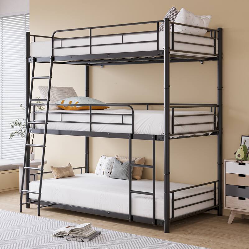 Heavy Duty Metal Triple Twin Bunk Bed with Guardrails, Ladder & Storage, Easy to Assemble