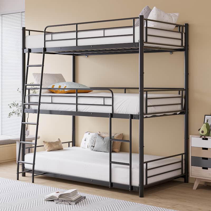 Triple Twin Bunk Beds,Twin Over Twin Over Twin Metal Bunk Bed Platform Frame,3 Bed Bunk Beds with Guardrails,Ladder & Storage