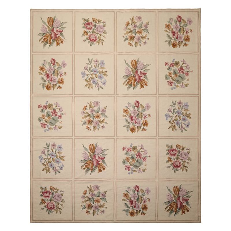 8x10'7'' Hand Woven Wool Ivory French Aubusson Needlepoint Area Rug - 8' x 10' 7'' - 8' x 10' 7''