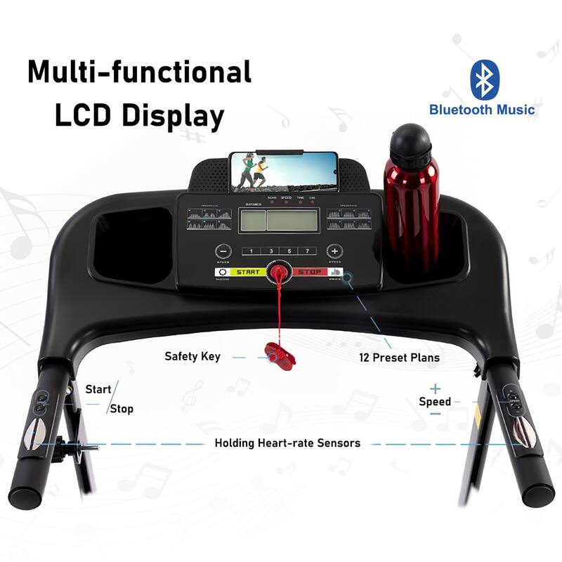 2.5 HP Stainless Steel Folable Electric Treadmill with 5 in. LCD Display and Heart Rate Sensor - Black