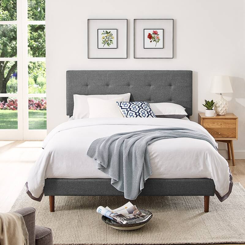 MUSEHOMEINC Tufted Upholstered Platform Bed with Adjustable Height Headboard