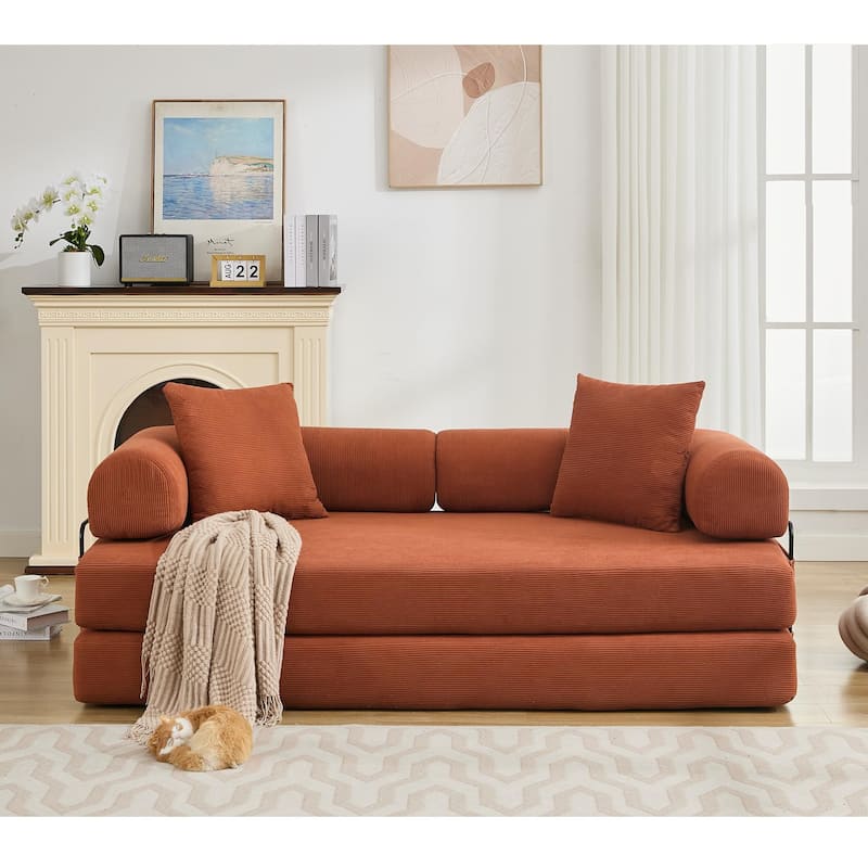 78.5" Folding Convertible Out Sleeper Sofa Bed, 3 Seat, Orange Corduroy