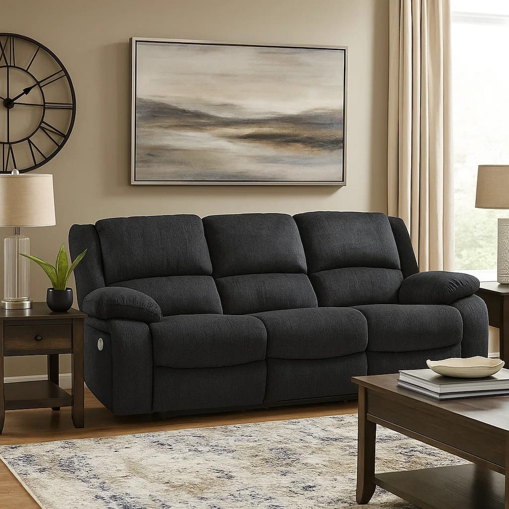 Wie 87 Inch Power Recliner Sofa, USB, Slate Gray Poly Chenille Upholstery