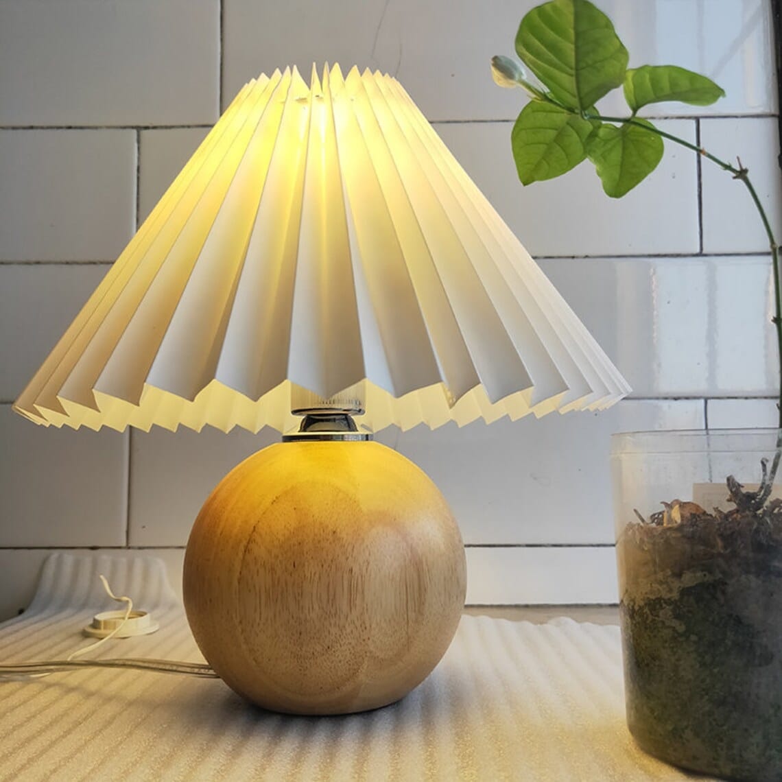 Wooden Table Lamp Ball Base Vintage Rattan Desk Lamp