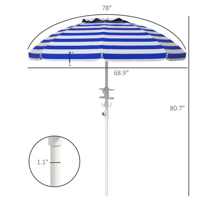 Outdoor Parasol Portable Beach Umbrella with Tilt, Adjustable Height 2 Cup Holders and Hook Ventilated Canopy, for Garden Pool