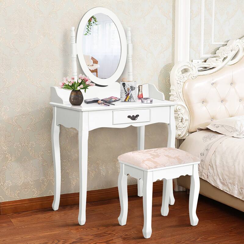 Gymax Vanity Wood Makeup Dressing Table Stool Set w/ Drawer & Mirror