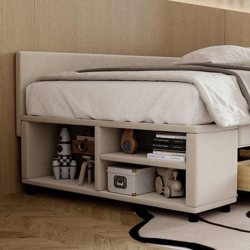 Twin Size Velvet Upholstered Daybed with Built-In Side Storage and 2 Drawers, L Shaped Corner Platform Sofa Bed Frame