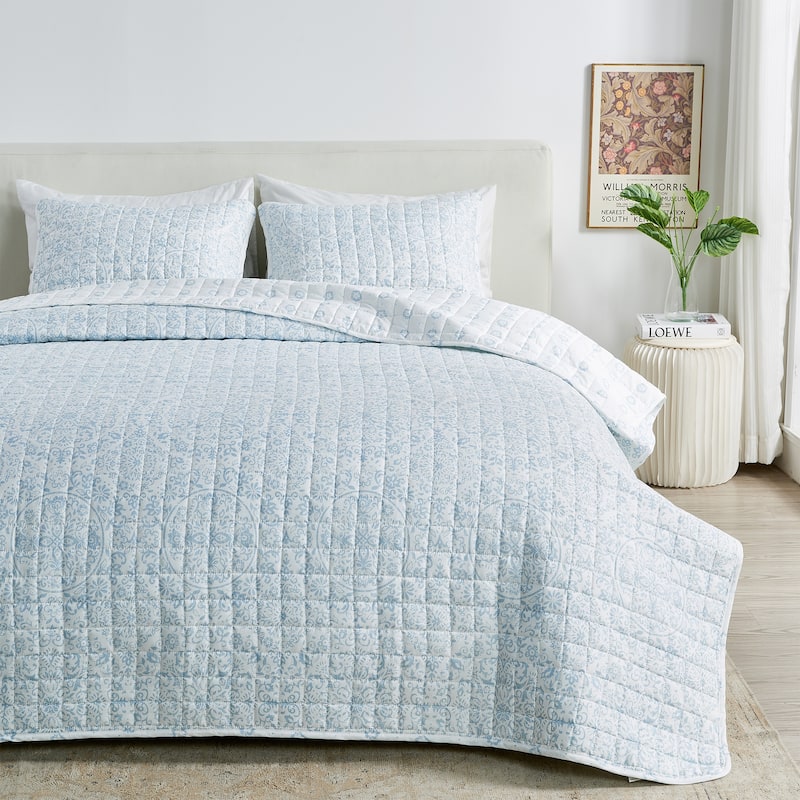 Linery & Co. Floral Printed Reversible Stitched Quilt Set with Shams - Blue Floral - Queen