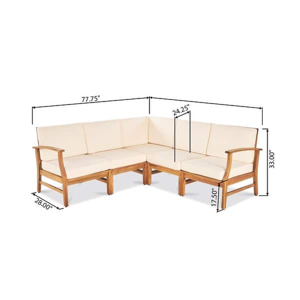 dimension image slide 2 of 6, Christopher Knight Home - Merritt Outdoor Sectional Sofa, 5-Seater V-Shaped with Acacia Wood with Water-Resistant Cushions