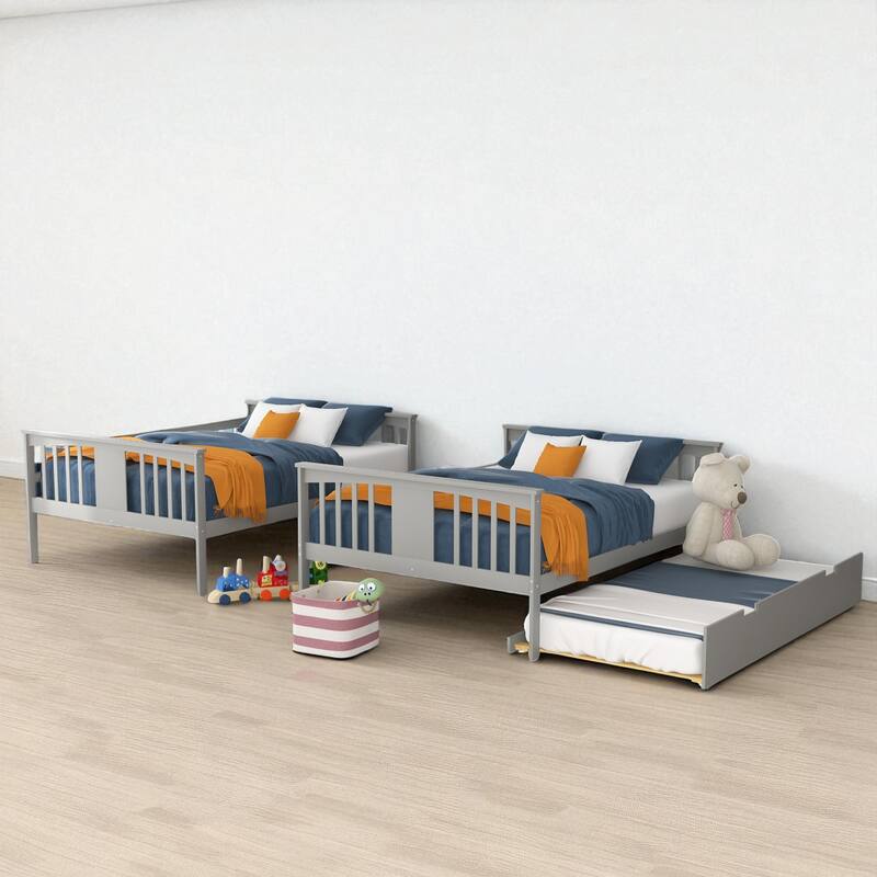 Full over Full Bunk Bed with Twin Trundle and Ladder, Convertible Wooden Frame with Guardrails and No Box Spring Needed