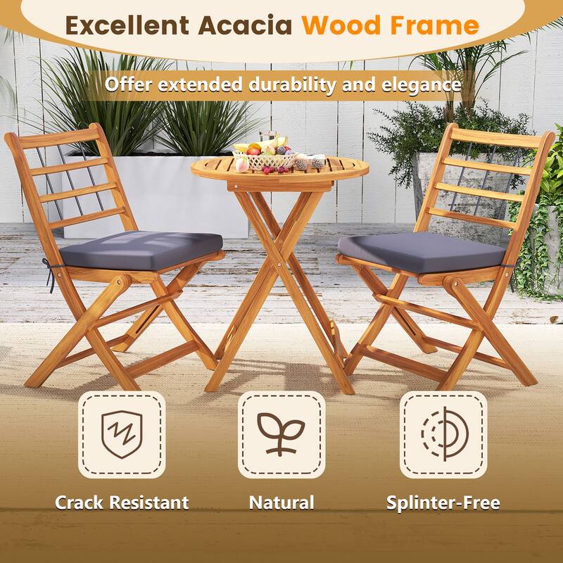 Gymax 3 PCS Acacia Wood Patio Bistro Set Folding Table & Chairs Set w/