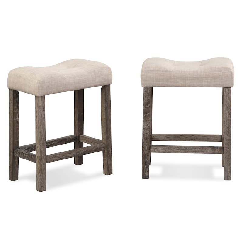 Taupe Button Tufted Saddle Stools with Footrests, Rectangular Side Table with Wooden Legs, Rustic Dining Table and Chair Set