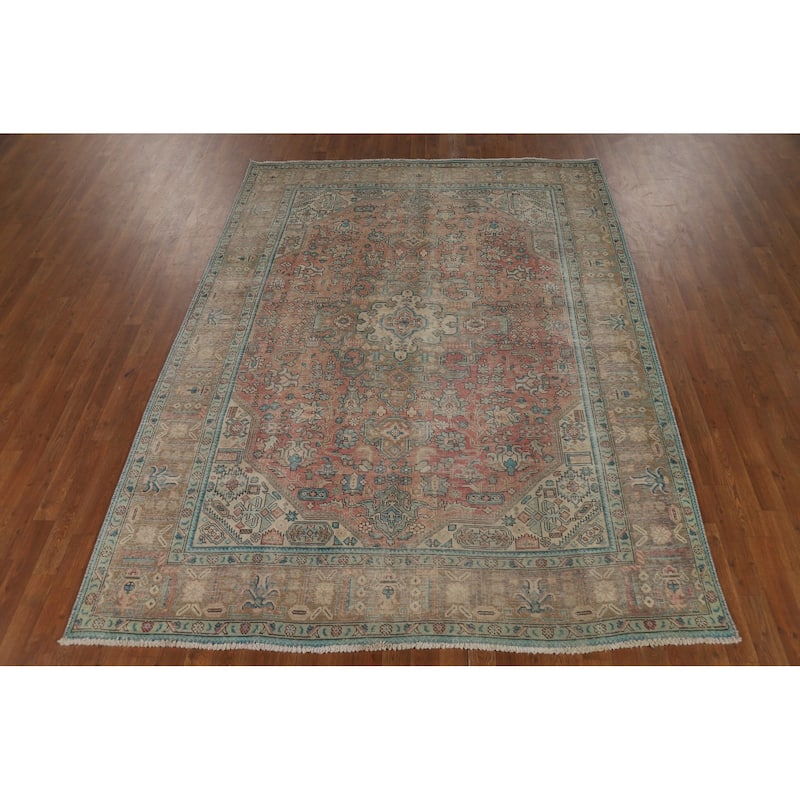 Pink Distressed Tabriz Persian Area Rug Hand-Knotted Wool Carpet - 6'8" x 9'0"
