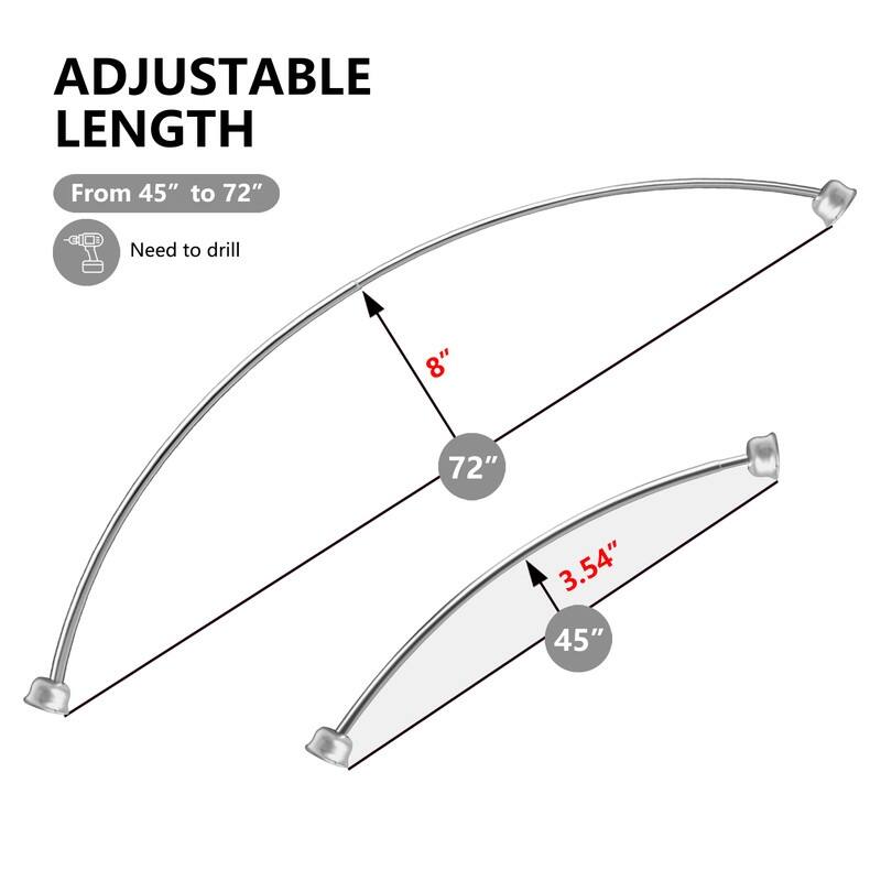 Utopia Alley Rustproof Wall Mounted Single Curved Shower Rod, Aluminum, 45" to 72" Wide, Includes Shower Rings and PEVA Liner