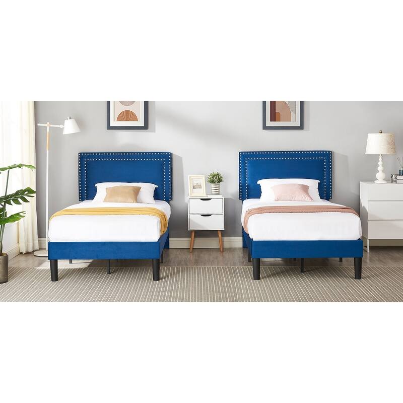 Tufted Nailhead Upholstered Platform Bed Frame with Adjustable Headboard，Blue
