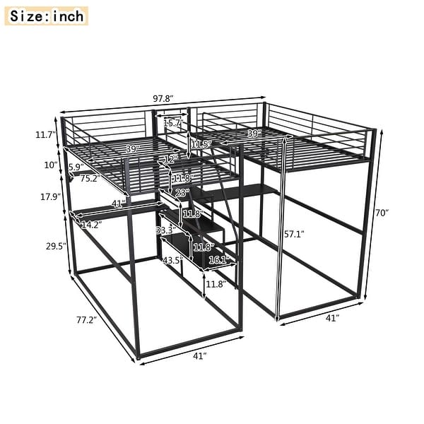 Metal Double Twin over Twin Bunk Bed with Two Desks, Shelves, and Storage Staircase