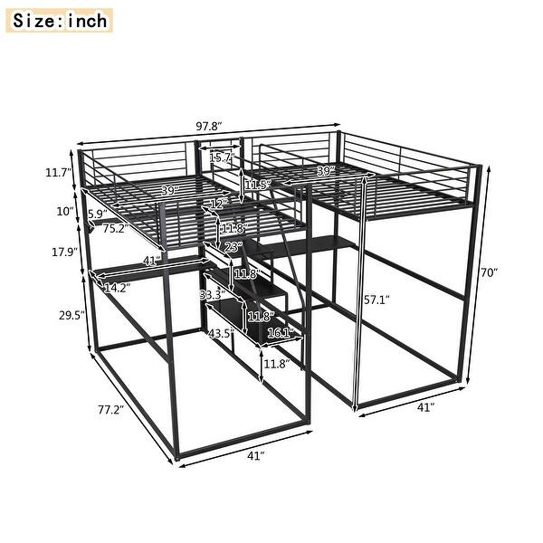 dimension image slide 0 of 2, Twin Metal Bunk Bed with Desk, Shelves, and Storage Staircase, Ensuring Safety