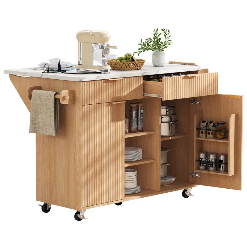 Roomfitters 52" Fluted Kitchen Island with Drop Leaf, Power Outlet & Walnut Wood-Grain Top