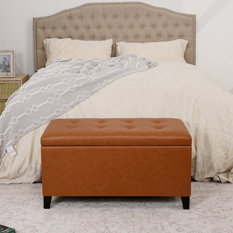Adeco Rectangular Storage Ottoman Faux Leather Bench Lift-top Footrest